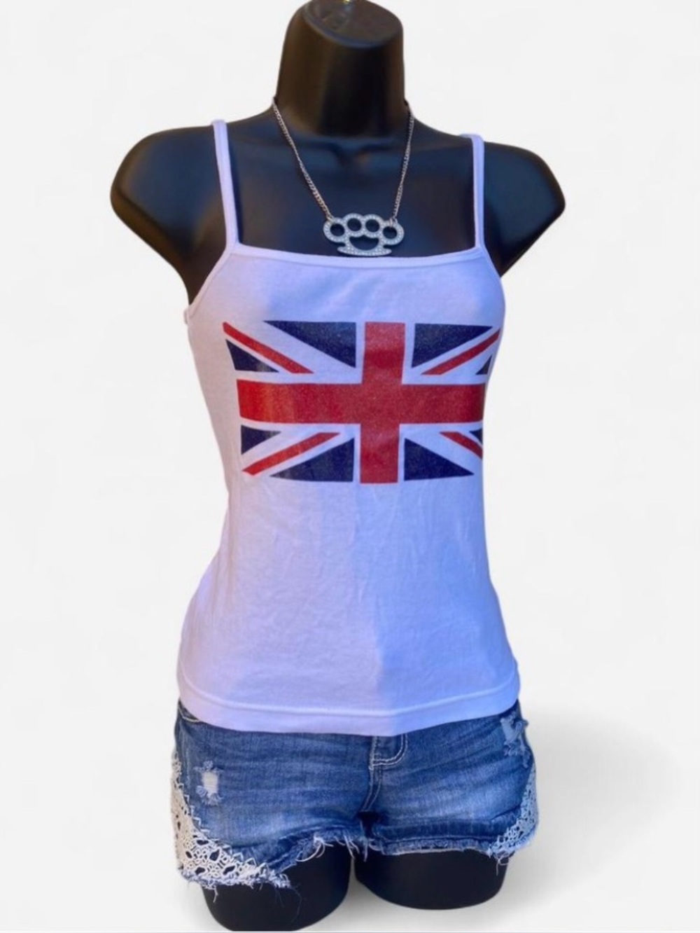 Y2k Union Jack Flag Glitter Graphic White Fitted Tank Top